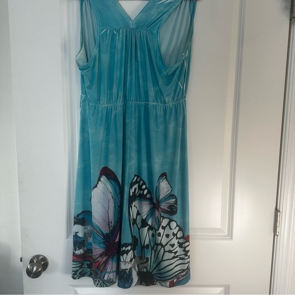 Live and Let Live Butterfly Print Sleeveless Dress Turquoise Blue Y2K Style Sz M - Picture 9 of 12